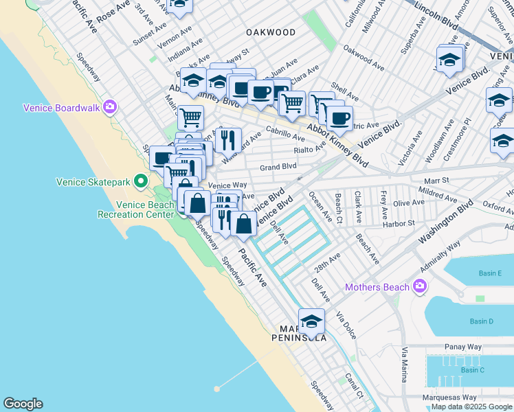 map of restaurants, bars, coffee shops, grocery stores, and more near 334 Venice Way in Los Angeles