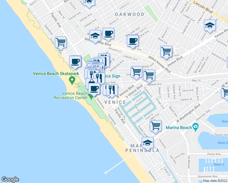 map of restaurants, bars, coffee shops, grocery stores, and more near 218 Venice Way in Los Angeles
