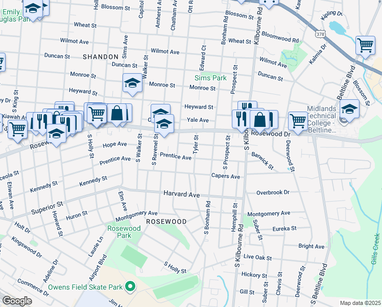 map of restaurants, bars, coffee shops, grocery stores, and more near 3407 Moss Avenue in Columbia