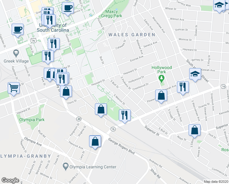 map of restaurants, bars, coffee shops, grocery stores, and more near 1501 Hollywood Drive in Columbia
