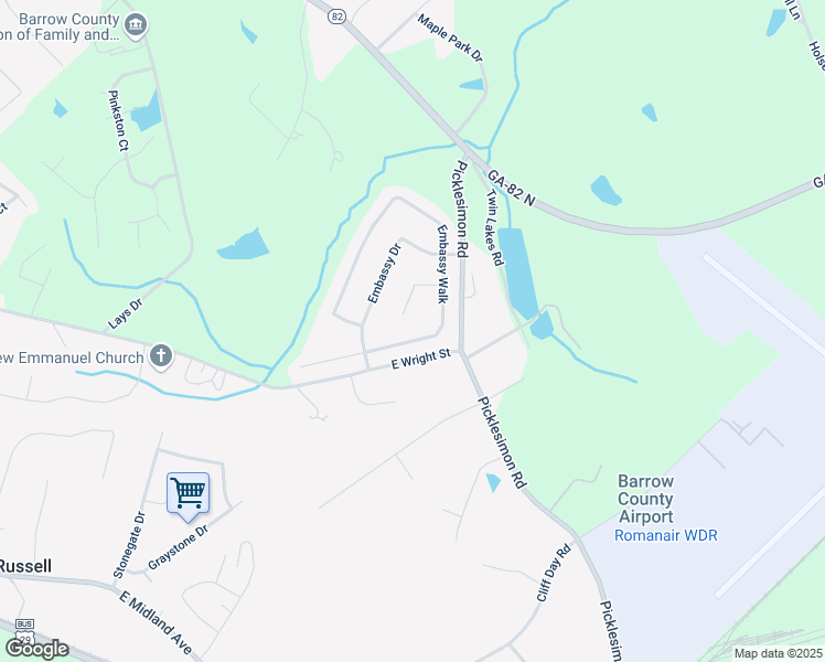 map of restaurants, bars, coffee shops, grocery stores, and more near 530 Embassy Walk in Winder