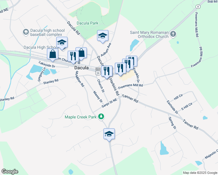 map of restaurants, bars, coffee shops, grocery stores, and more near 341 Harbins Road in Dacula