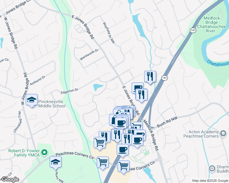 map of restaurants, bars, coffee shops, grocery stores, and more near 4025 Kings Paddock Court Northwest in Norcross