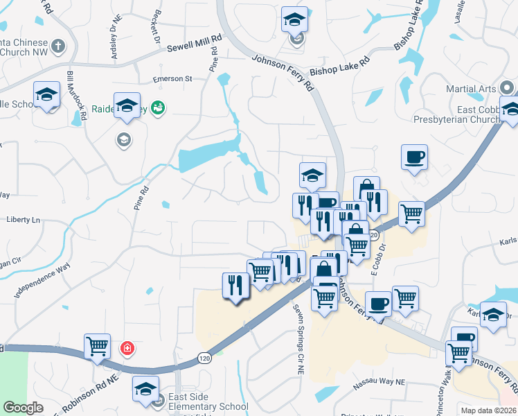 map of restaurants, bars, coffee shops, grocery stores, and more near 4050 Penhurst Drive in Marietta