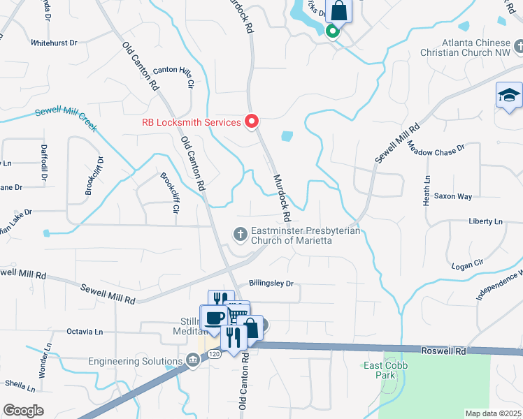 map of restaurants, bars, coffee shops, grocery stores, and more near 3131 Garden Lane Drive in Marietta