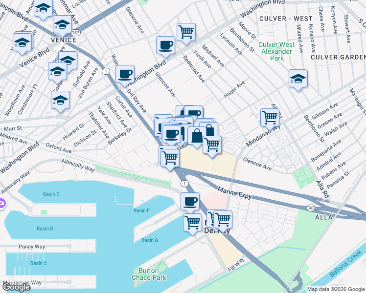 map of restaurants, bars, coffee shops, grocery stores, and more near 13450 Maxella Avenue in Marina del Rey