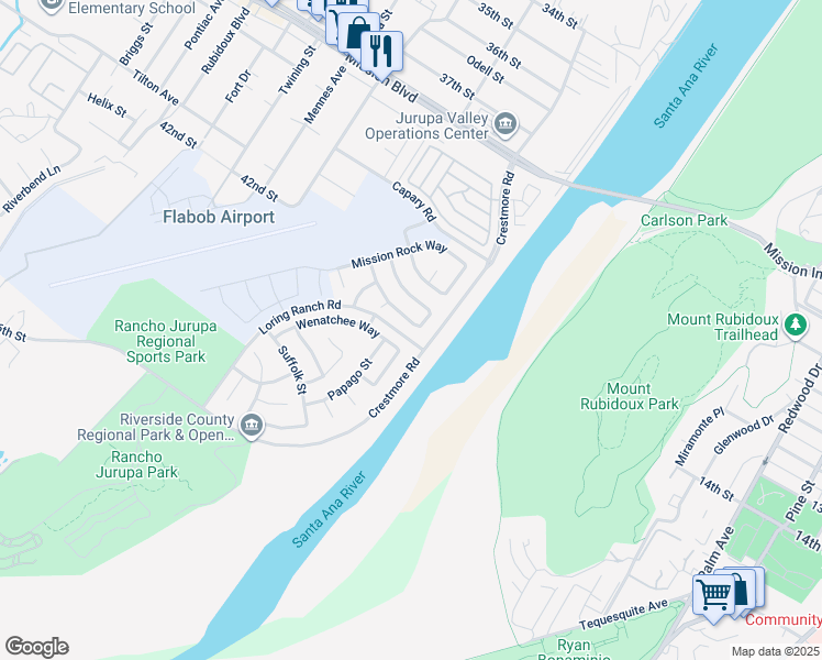 map of restaurants, bars, coffee shops, grocery stores, and more near 5102 Sierra Cross Way in Riverside
