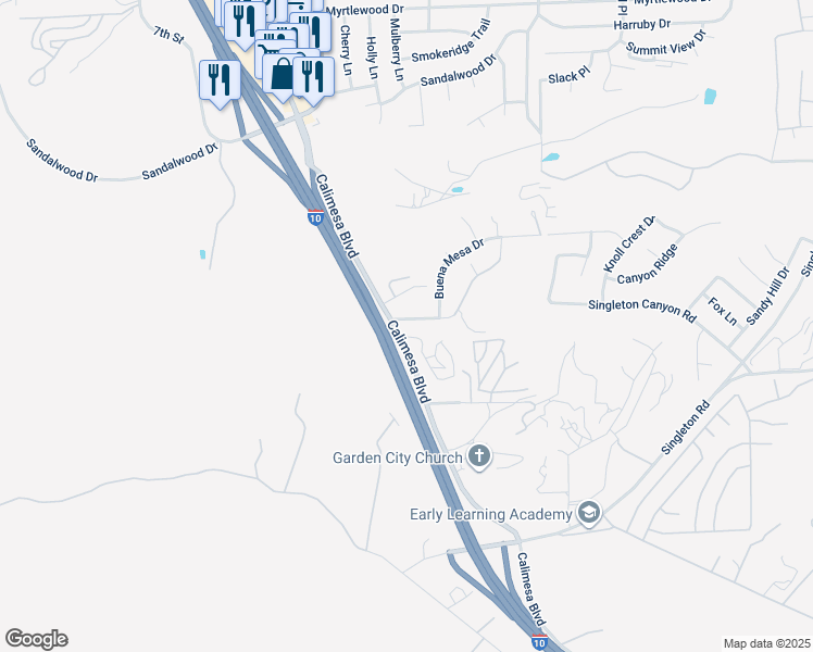 map of restaurants, bars, coffee shops, grocery stores, and more near 9230 Calimesa Boulevard in Calimesa
