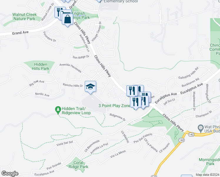 map of restaurants, bars, coffee shops, grocery stores, and more near 14704 Moon Crest Lane in Chino Hills