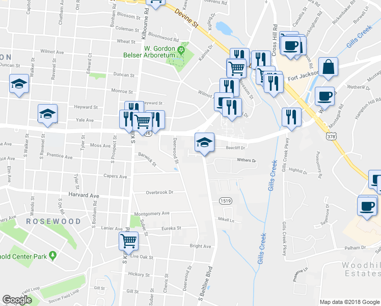 map of restaurants, bars, coffee shops, grocery stores, and more near 26 Magnolia Glen Lane in Columbia