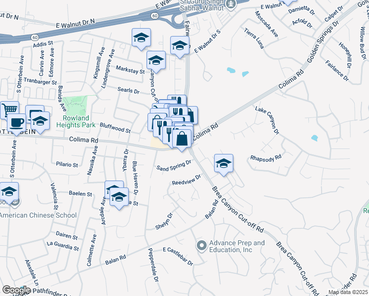 map of restaurants, bars, coffee shops, grocery stores, and more near 19778 Colima Road in Rowland Heights