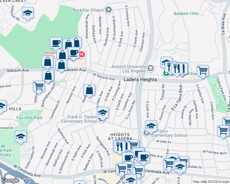 map of restaurants, bars, coffee shops, grocery stores, and more near 5824 South Holt Avenue in Los Angeles