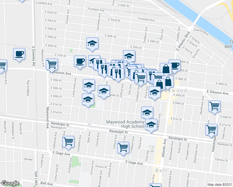 map of restaurants, bars, coffee shops, grocery stores, and more near 4061 East 60th Street in Huntington Park