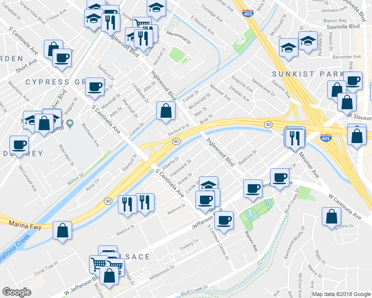 map of restaurants, bars, coffee shops, grocery stores, and more near 12057 Alberta Drive in Culver City