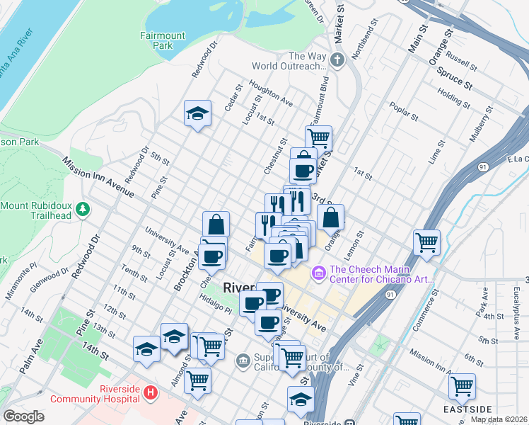 map of restaurants, bars, coffee shops, grocery stores, and more near 3909 5th Street in Riverside