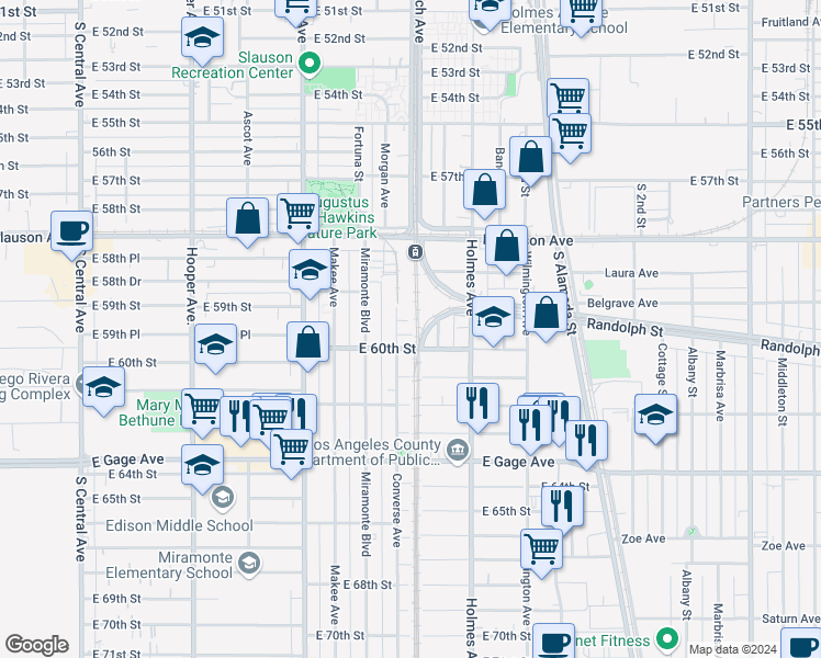 map of restaurants, bars, coffee shops, grocery stores, and more near 1664 East 59th Street in Los Angeles