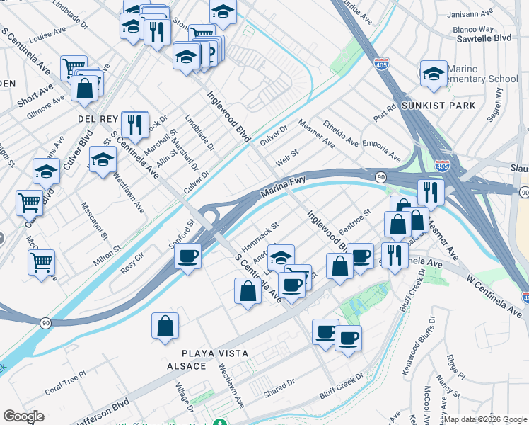 map of restaurants, bars, coffee shops, grocery stores, and more near 12421 Sanford Street in Los Angeles