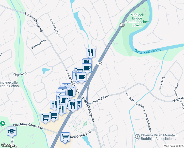map of restaurants, bars, coffee shops, grocery stores, and more near 5005 Peachtree Parkway in Norcross