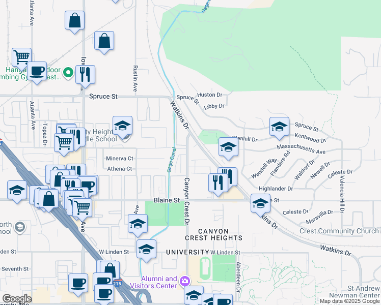 map of restaurants, bars, coffee shops, grocery stores, and more near 2891 Canyon Crest Drive in Riverside