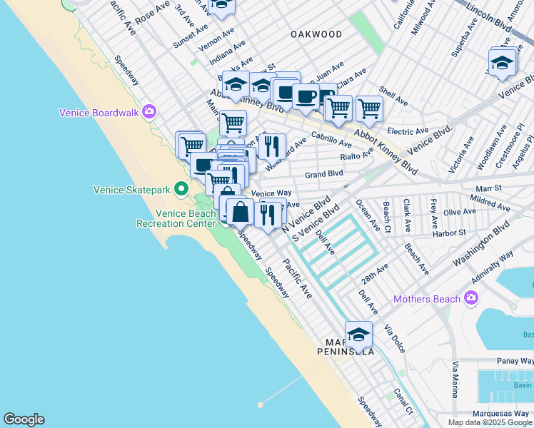map of restaurants, bars, coffee shops, grocery stores, and more near 1907 Canal Street in Los Angeles