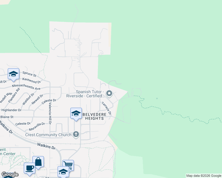 map of restaurants, bars, coffee shops, grocery stores, and more near 3000 Galaxie Road in Riverside