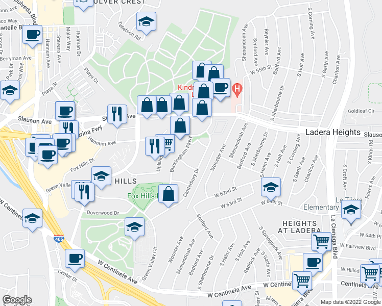 map of restaurants, bars, coffee shops, grocery stores, and more near 5700 Hannum Avenue in Culver City