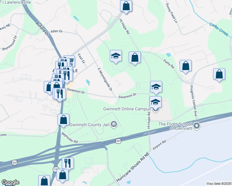 map of restaurants, bars, coffee shops, grocery stores, and more near 815 East Morningside Drive in Lawrenceville