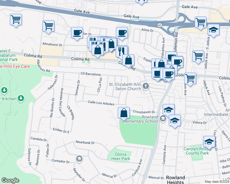 map of restaurants, bars, coffee shops, grocery stores, and more near 1856 Vía Entrada in Rowland Heights
