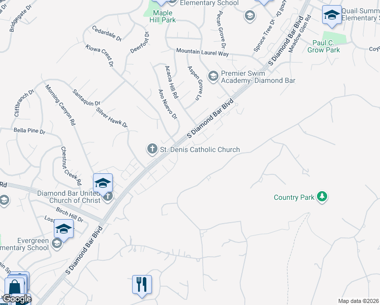 map of restaurants, bars, coffee shops, grocery stores, and more near 2131 Dublin Lane in Diamond Bar