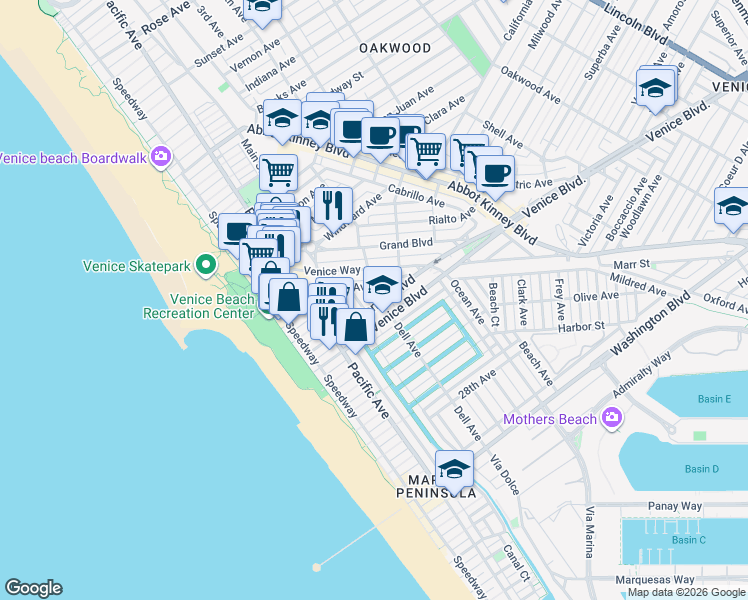 map of restaurants, bars, coffee shops, grocery stores, and more near 315 North Venice Boulevard in Los Angeles