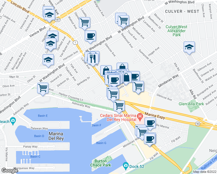 map of restaurants, bars, coffee shops, grocery stores, and more near 4250 Lincoln Boulevard in Marina del Rey