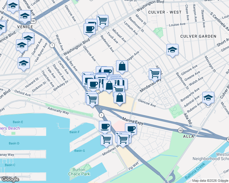map of restaurants, bars, coffee shops, grocery stores, and more near 13424 Maxella Avenue in Marina del Rey