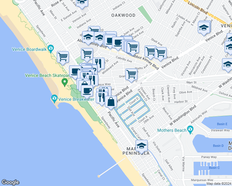 map of restaurants, bars, coffee shops, grocery stores, and more near 311 North Venice Boulevard in Los Angeles