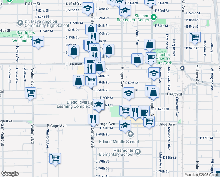 map of restaurants, bars, coffee shops, grocery stores, and more near 1200 East 59th Street in Los Angeles
