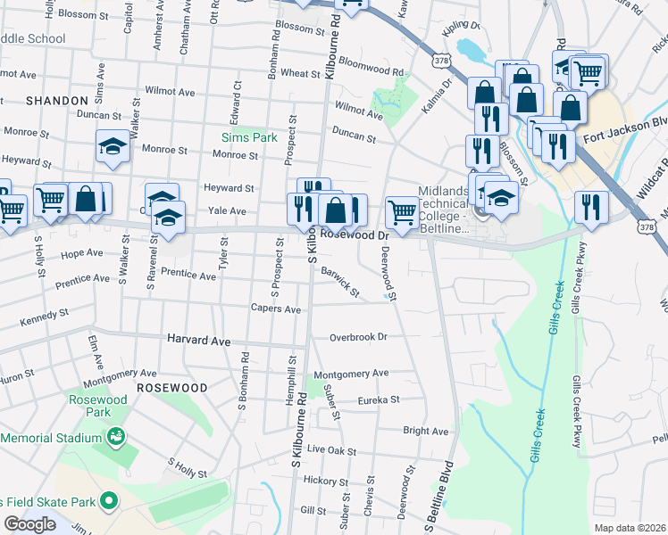 map of restaurants, bars, coffee shops, grocery stores, and more near 222 South Kilbourne Road in Columbia