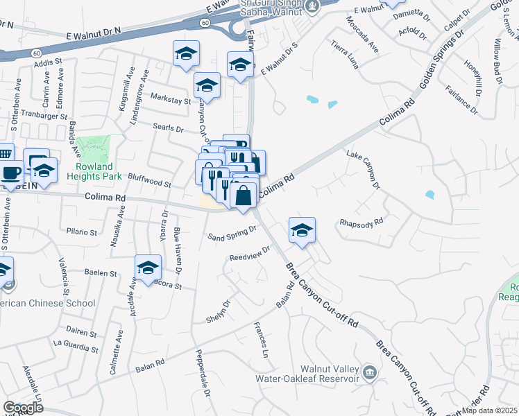 map of restaurants, bars, coffee shops, grocery stores, and more near 19778 Colima Road in Rowland Heights
