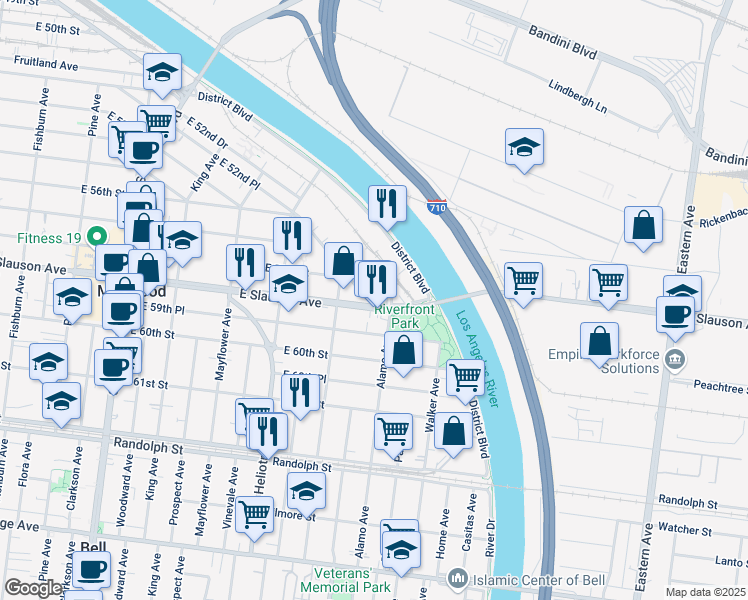 map of restaurants, bars, coffee shops, grocery stores, and more near 4961 East 52nd Place in Los Angeles
