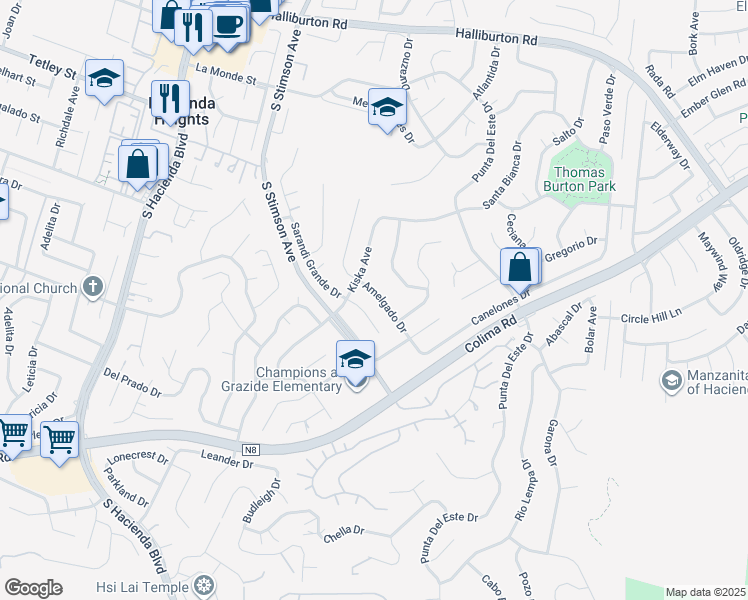 map of restaurants, bars, coffee shops, grocery stores, and more near 2635 Amelgado Drive in Hacienda Heights