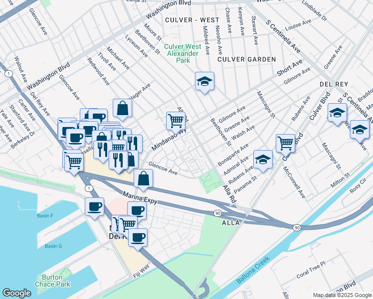 map of restaurants, bars, coffee shops, grocery stores, and more near 4435 Alla Road in Marina del Rey