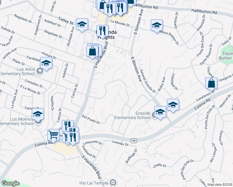 map of restaurants, bars, coffee shops, grocery stores, and more near 2805 Yojoa Place in Hacienda Heights
