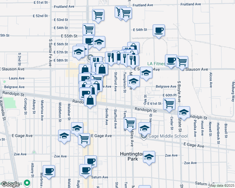 map of restaurants, bars, coffee shops, grocery stores, and more near 6028 Stafford Avenue in Huntington Park