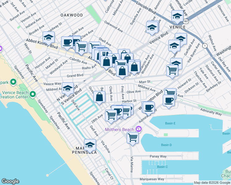 map of restaurants, bars, coffee shops, grocery stores, and more near 2341 Clement Avenue in Los Angeles
