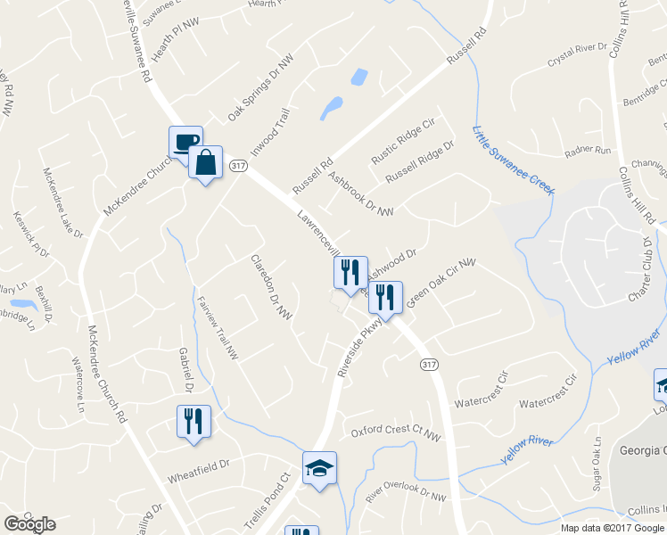 map of restaurants, bars, coffee shops, grocery stores, and more near 1452 Lawrenceville-Suwanee Road in Lawrenceville