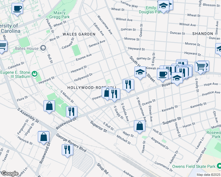 map of restaurants, bars, coffee shops, grocery stores, and more near 230 South Gregg Street in Columbia