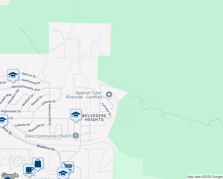 map of restaurants, bars, coffee shops, grocery stores, and more near 393 2 Trees Road in Riverside