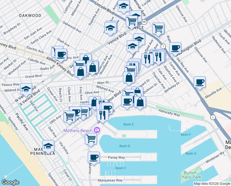 map of restaurants, bars, coffee shops, grocery stores, and more near in Los Angeles