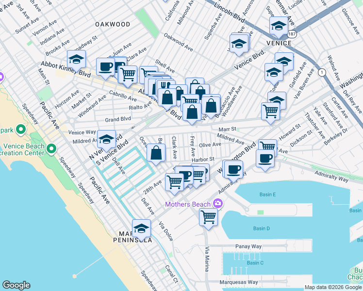 map of restaurants, bars, coffee shops, grocery stores, and more near 2341 Clement Avenue in Los Angeles