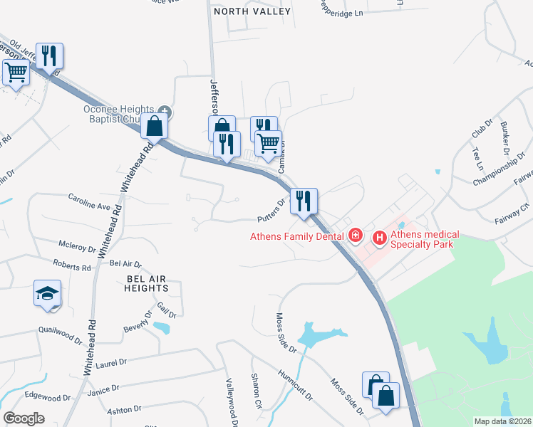 map of restaurants, bars, coffee shops, grocery stores, and more near 116 Putters Drive in Athens