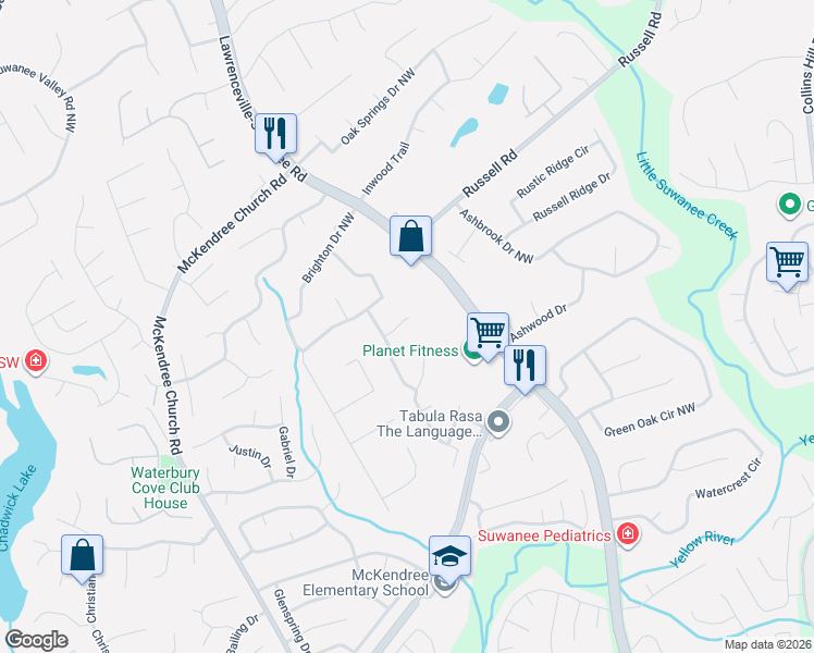 map of restaurants, bars, coffee shops, grocery stores, and more near 615 Claredon Drive Northwest in Lawrenceville