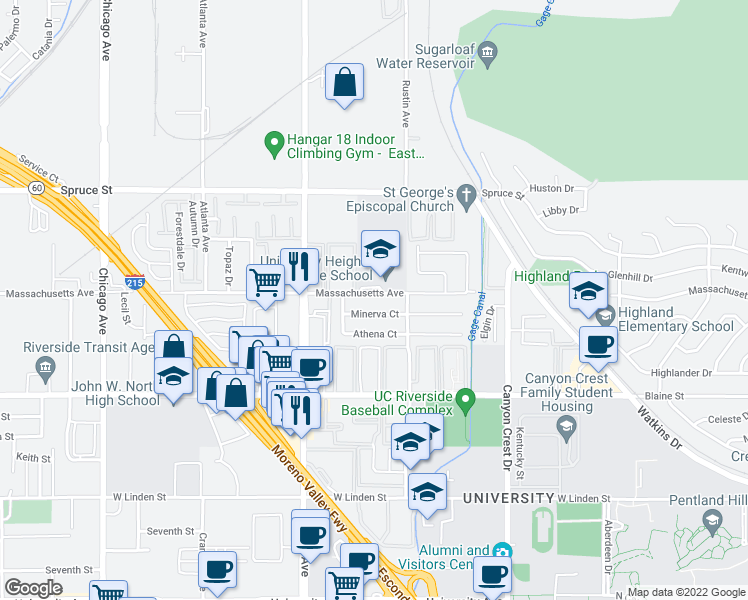 map of restaurants, bars, coffee shops, grocery stores, and more near 1148 Massachusetts Avenue in Riverside